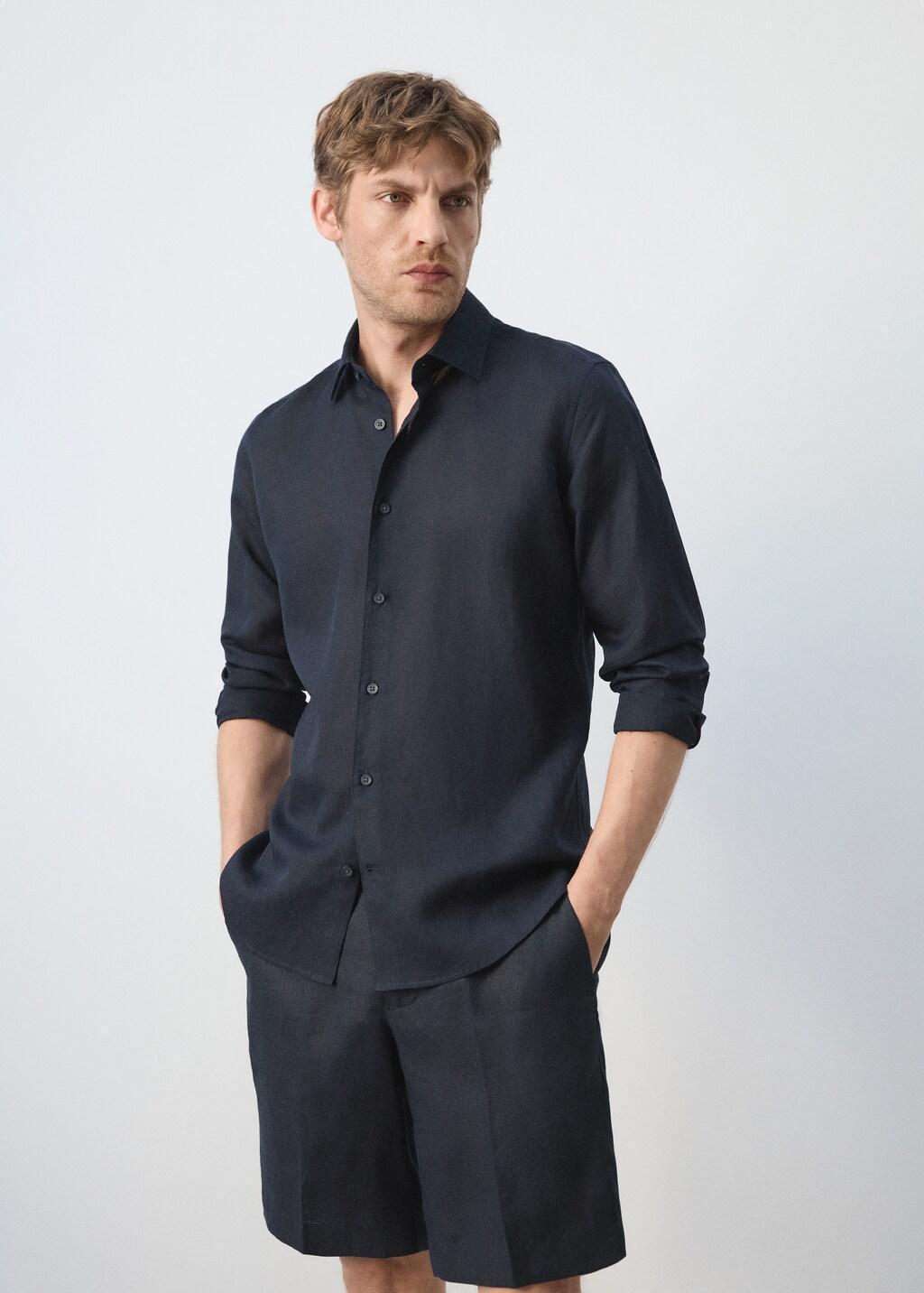 Blue Regular Fit Linen Lyocell Shirt, Navy, large image number 3