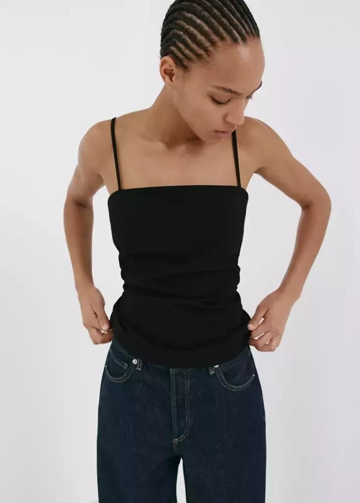 Black Draped Strap Top, Black, large image number 6