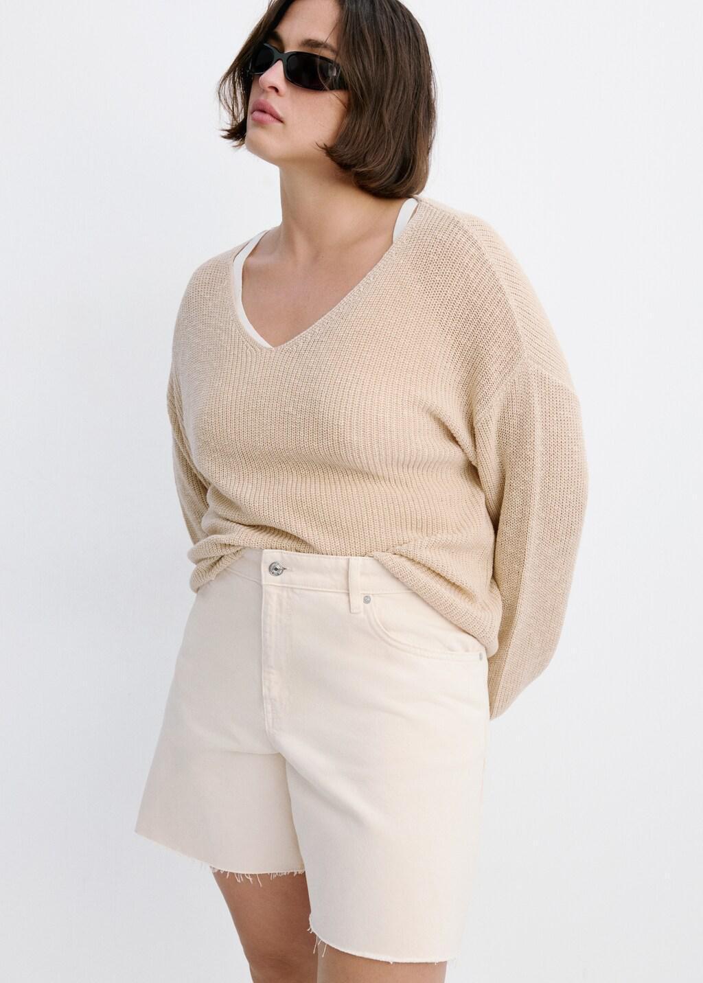 Beige Straight Low-Rise Denim Bermuda Shorts, Light Beige, large image number 5