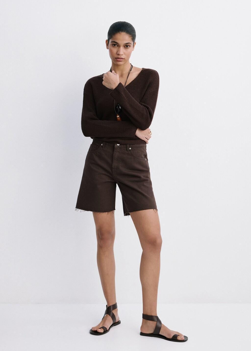 Brown Straight-Cut Bermuda Shorts With Frayed Hem, Dark Brown, medium