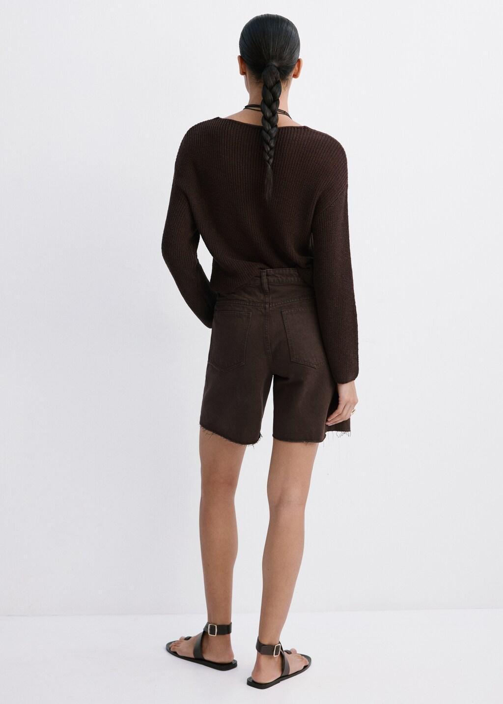 Brown Straight-Cut Bermuda Shorts With Frayed Hem, Dark Brown, medium