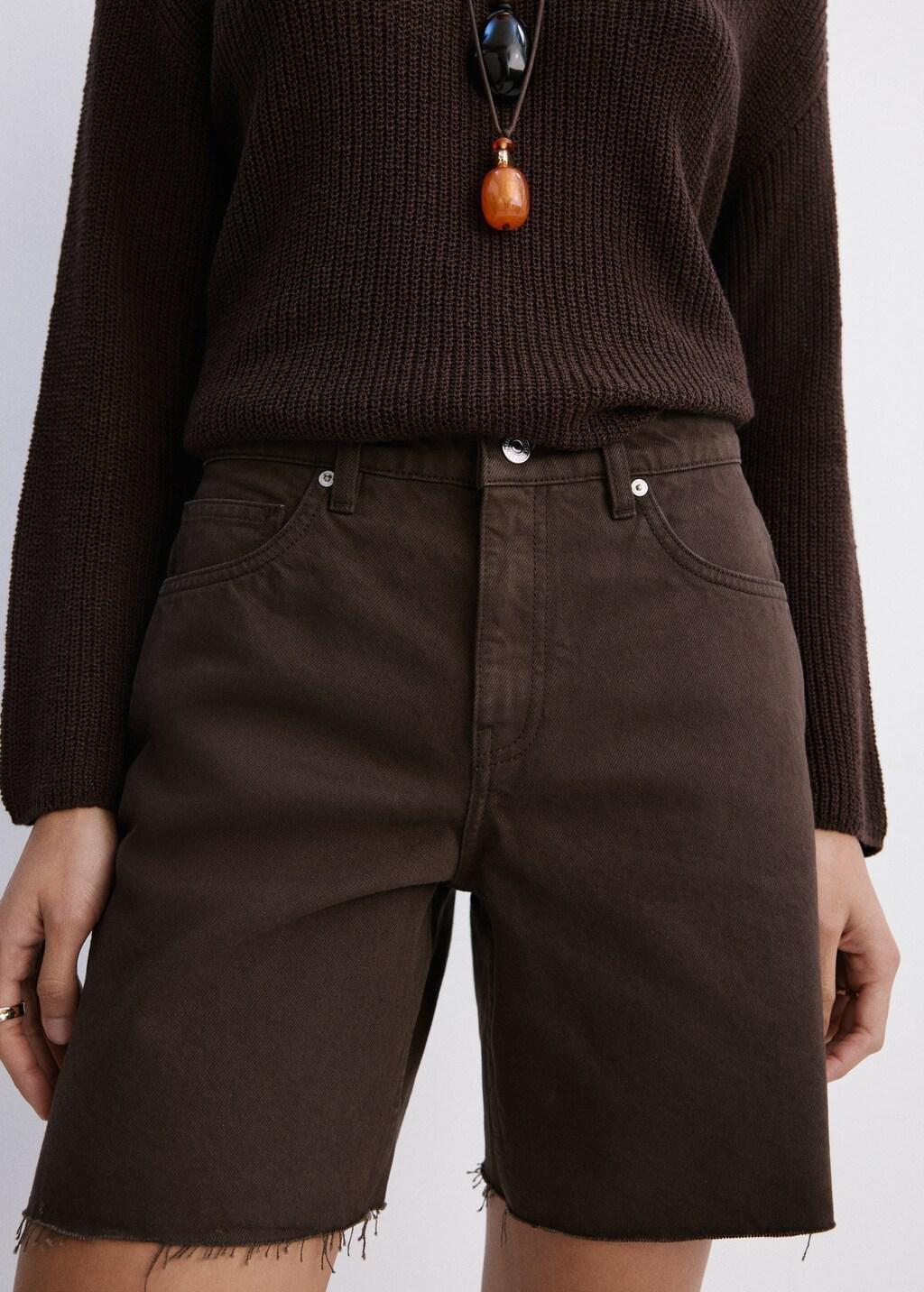 Brown Straight-Cut Bermuda Shorts With Frayed Hem, Dark Brown, large image number 3