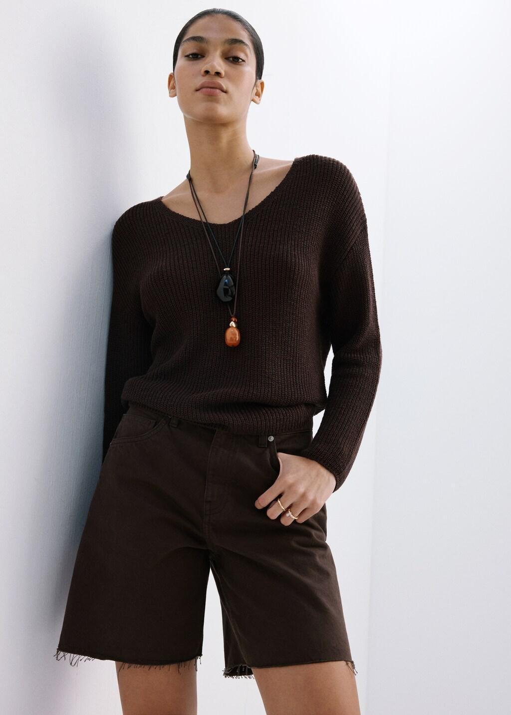 Brown Straight-Cut Bermuda Shorts With Frayed Hem, Dark Brown, large image number 4