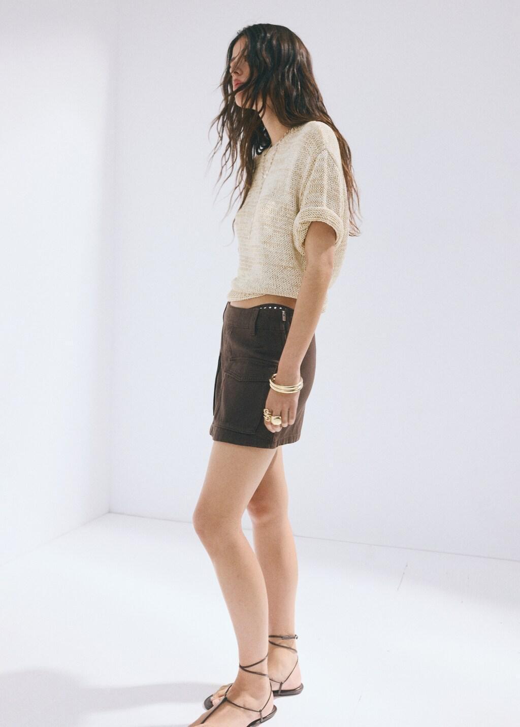 Beige Short-Sleeve Marl Knit Jumper, Light Beige, medium
