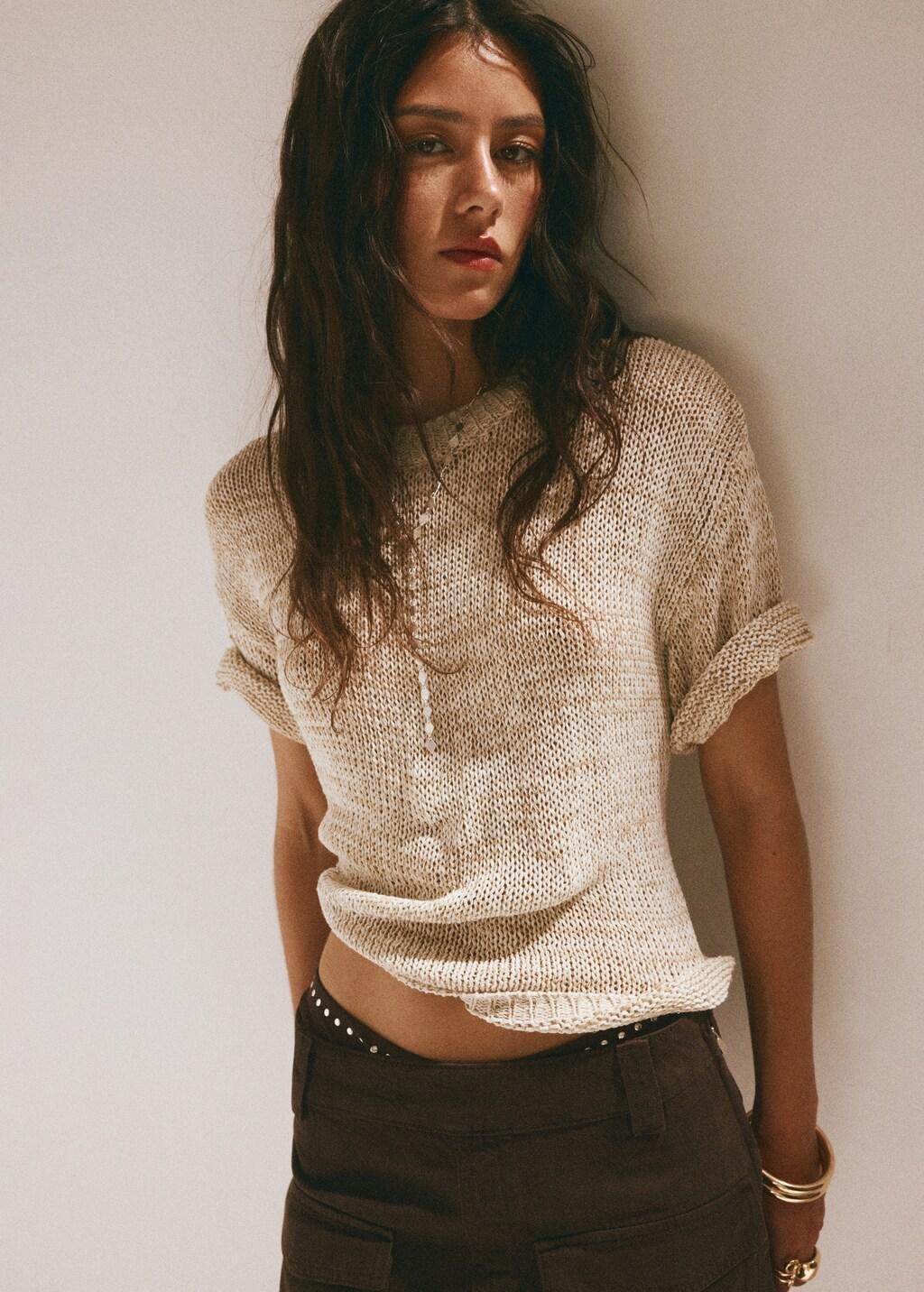 Beige Short-Sleeve Marl Knit Jumper, Light Beige, large image number 3