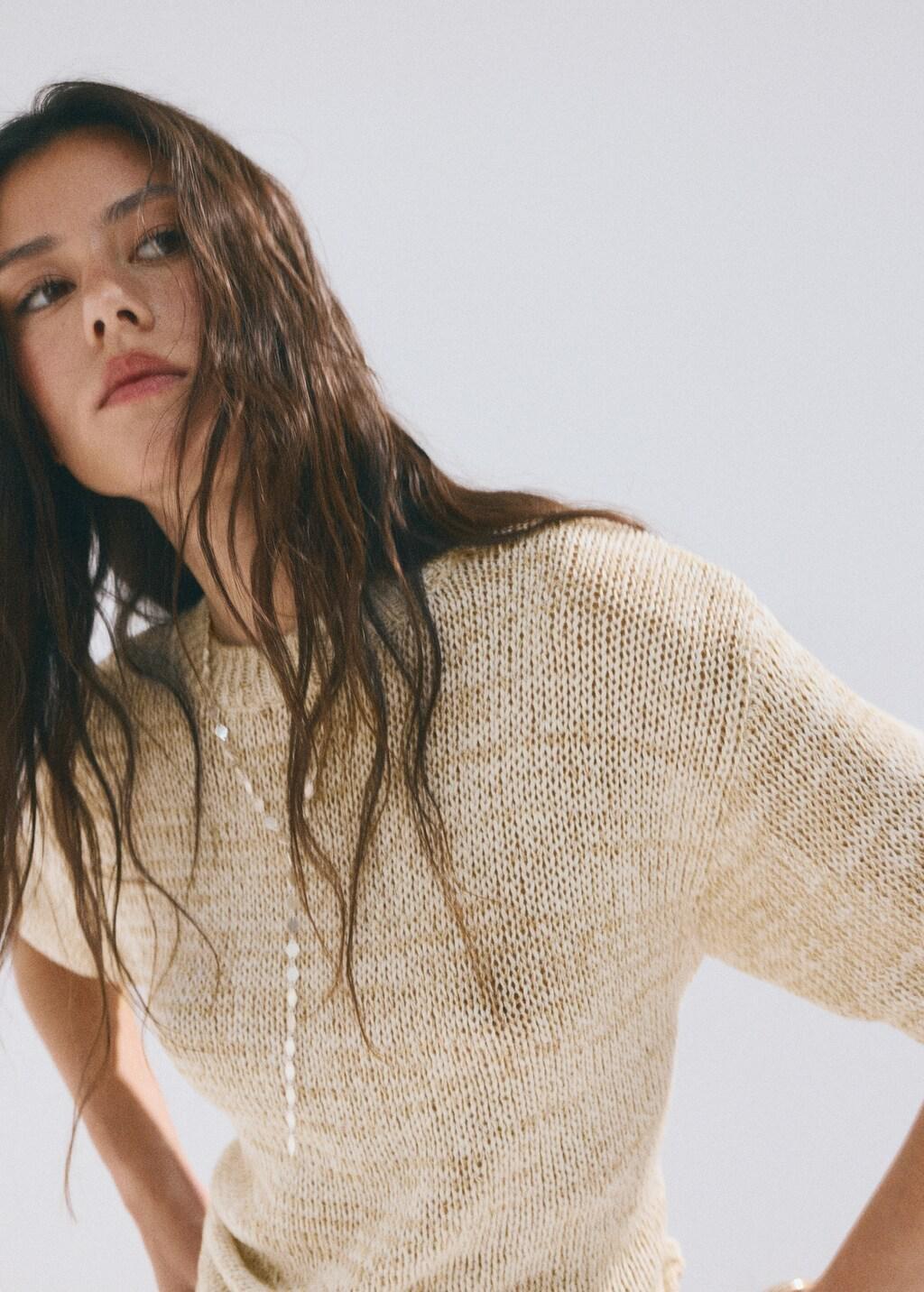 Beige Short-Sleeve Marl Knit Jumper, Light Beige, large image number 4