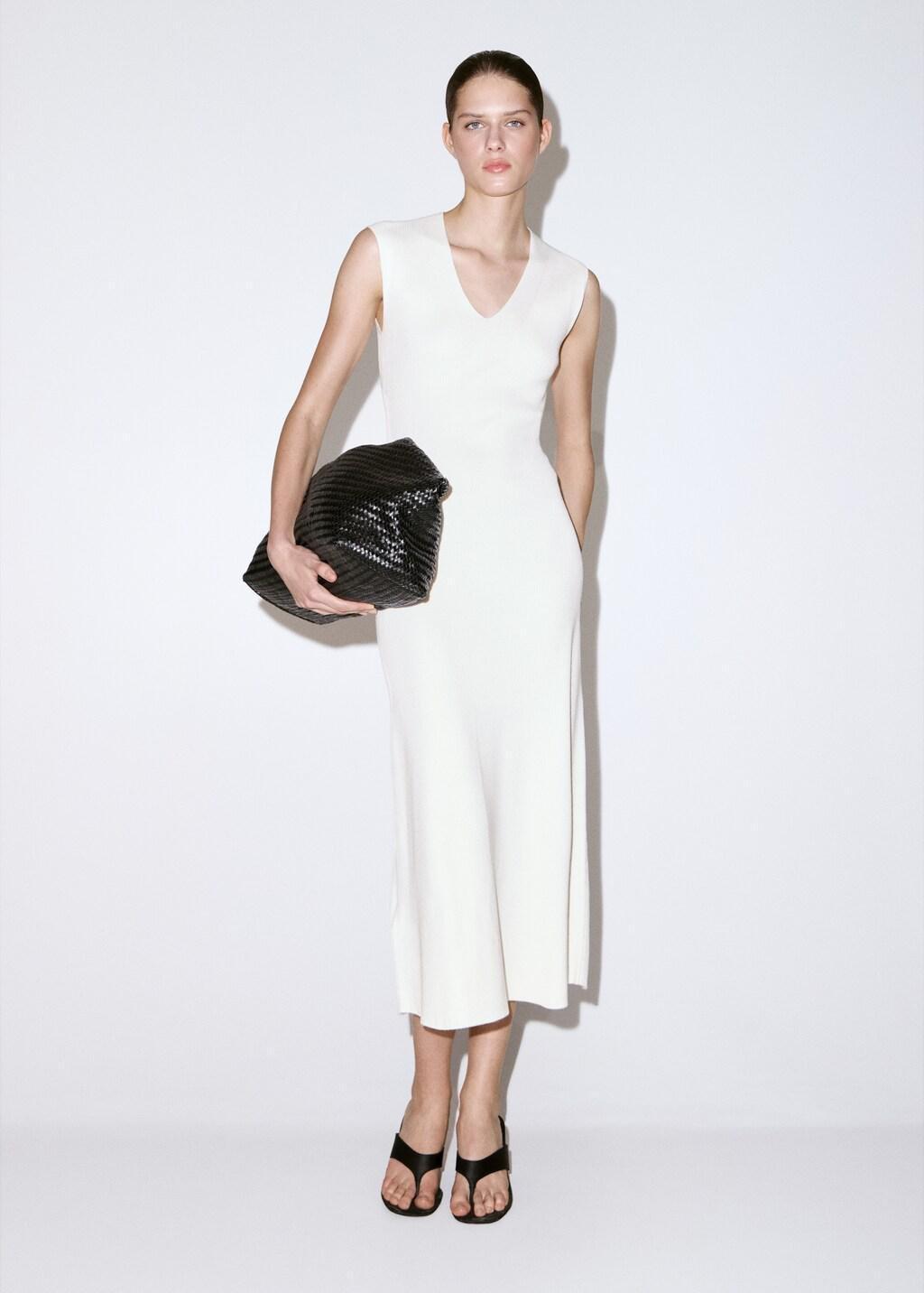 WHITE V-neck knitted dress, White, large image number 0