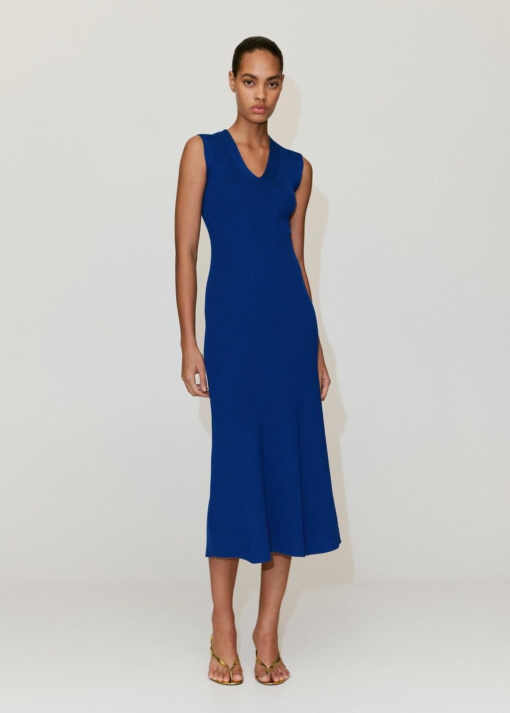 MEDIUM BLUE V-neck knitted dress, Medium Blue, large image number 0
