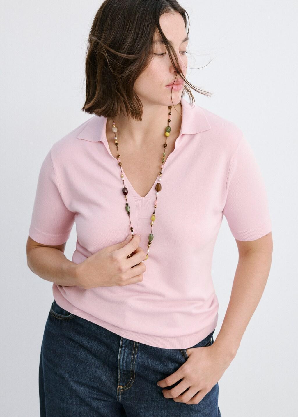 Pink Fitted Fine-Knit Polo, Pink, large image number 6