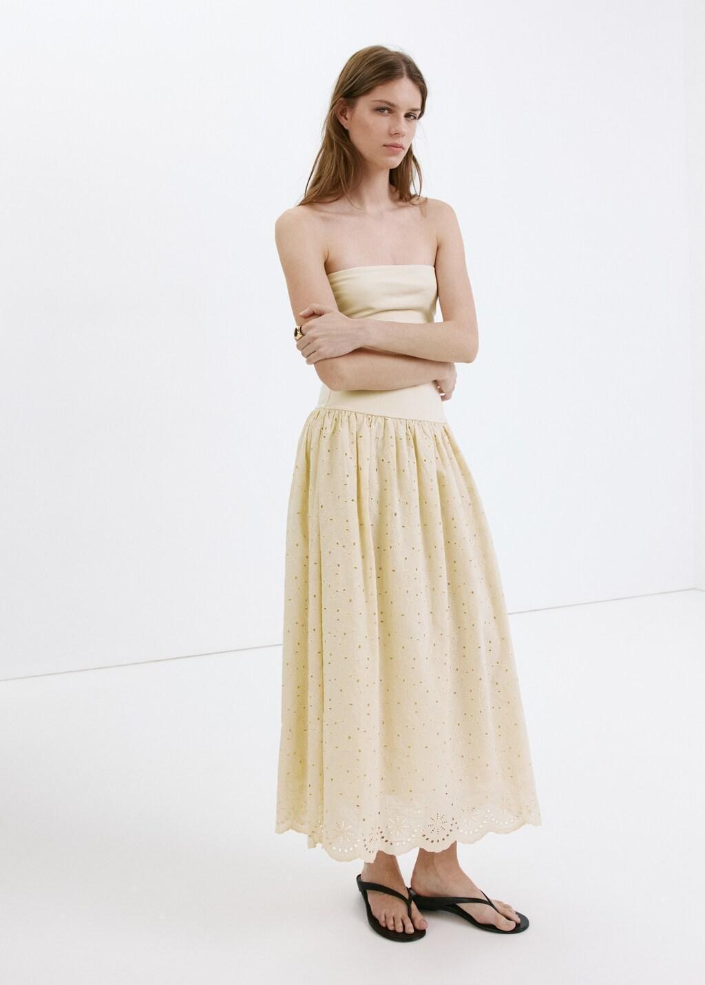 Brown Strapless Dress With Broderie Anglaise Embroidery, Light Pastel Brown, medium