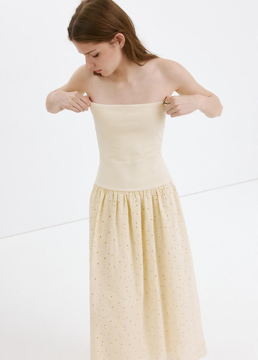Brown Strapless Dress With Broderie Anglaise Embroidery, Light Pastel Brown, large image number 3