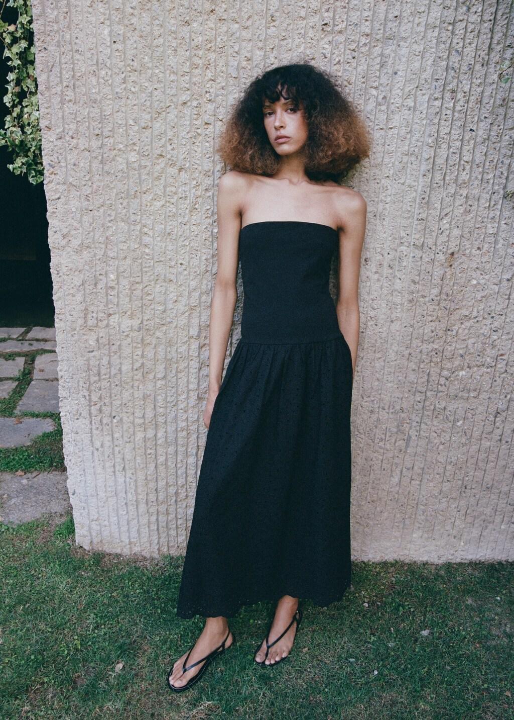Black Strapless Dress With Broderie Anglaise Embroidery, Black, medium