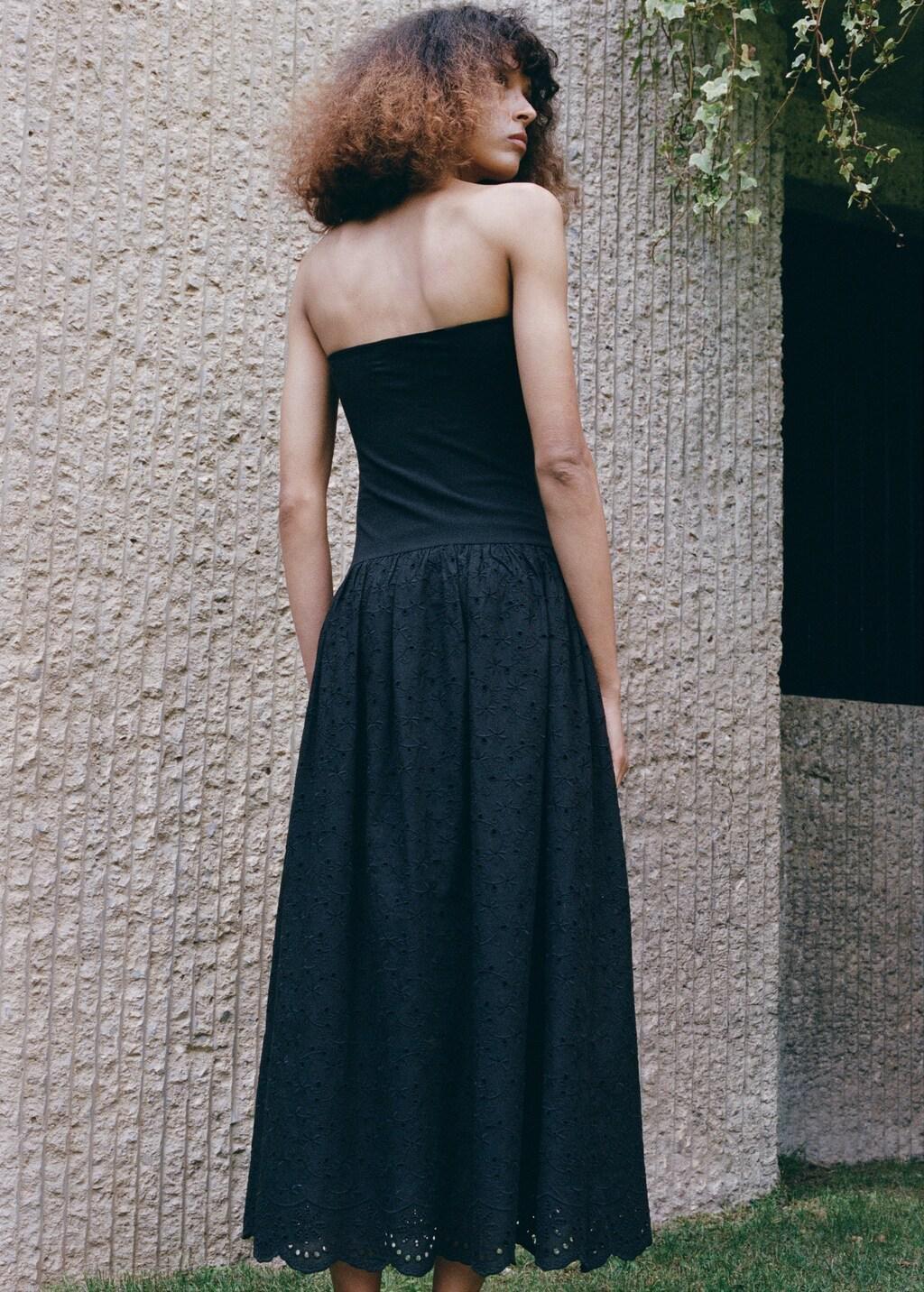Black Strapless Dress With Broderie Anglaise Embroidery, Black, medium