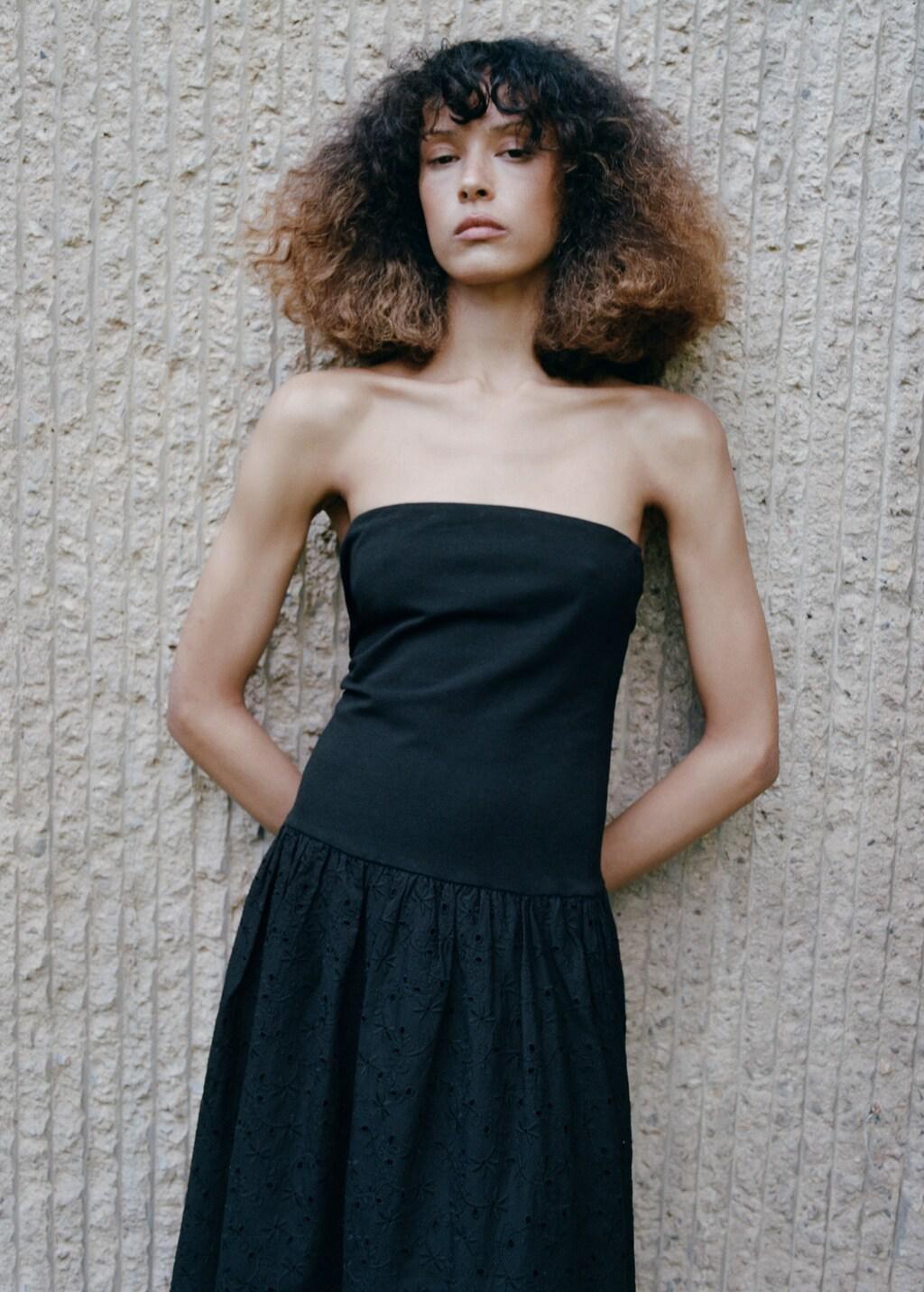 Black Strapless Dress With Broderie Anglaise Embroidery, Black, large image number 3
