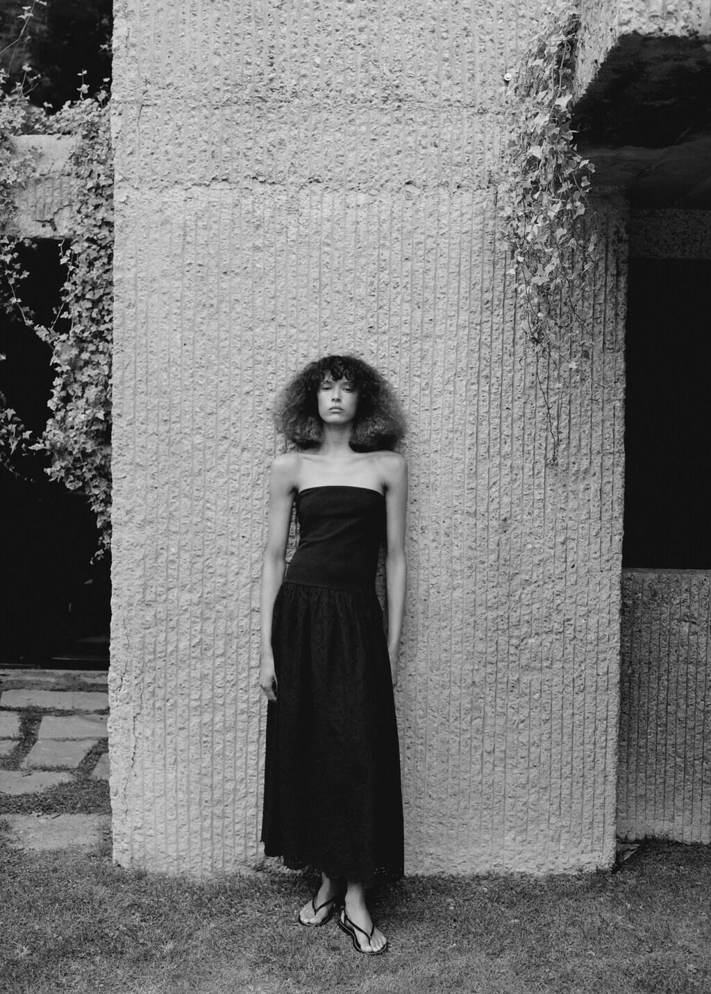 Black Strapless Dress With Broderie Anglaise Embroidery, Black, large image number 4