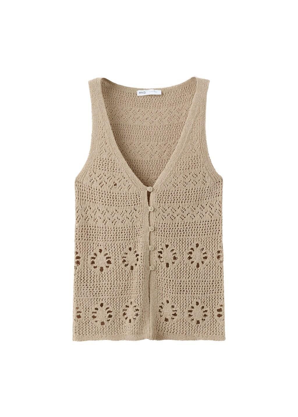 Brown Lt Pastel Crochet Buttoned Gilet, Light Pastel Brown, large image number 6
