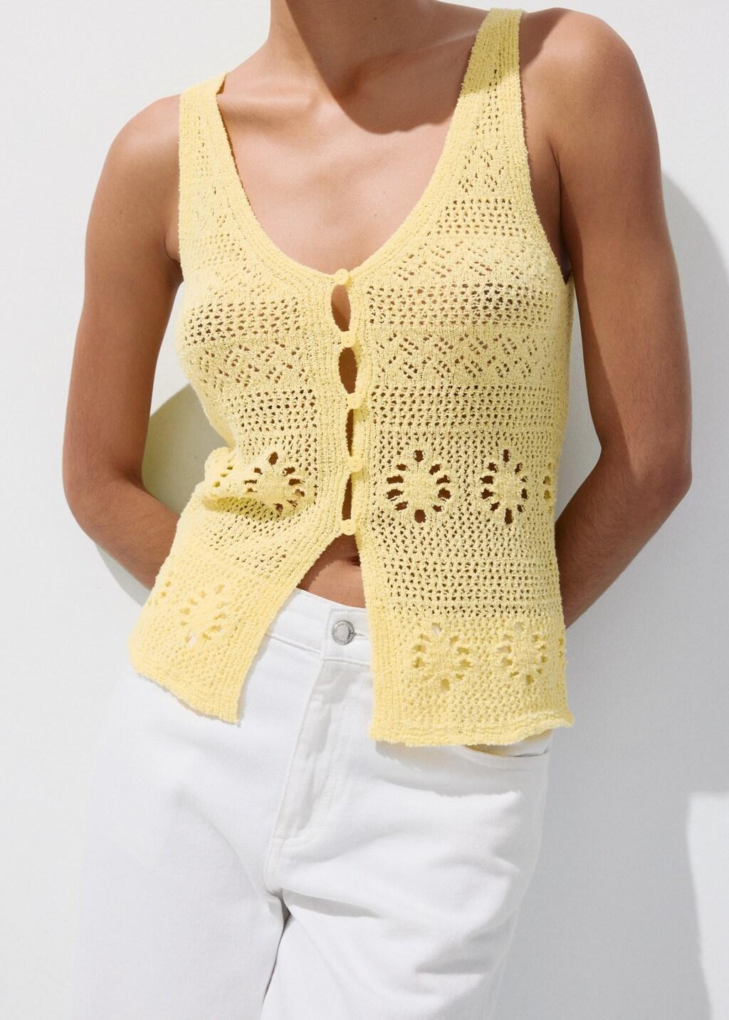 YELLOW Crochet buttoned gilet, Yellow, large image number 3