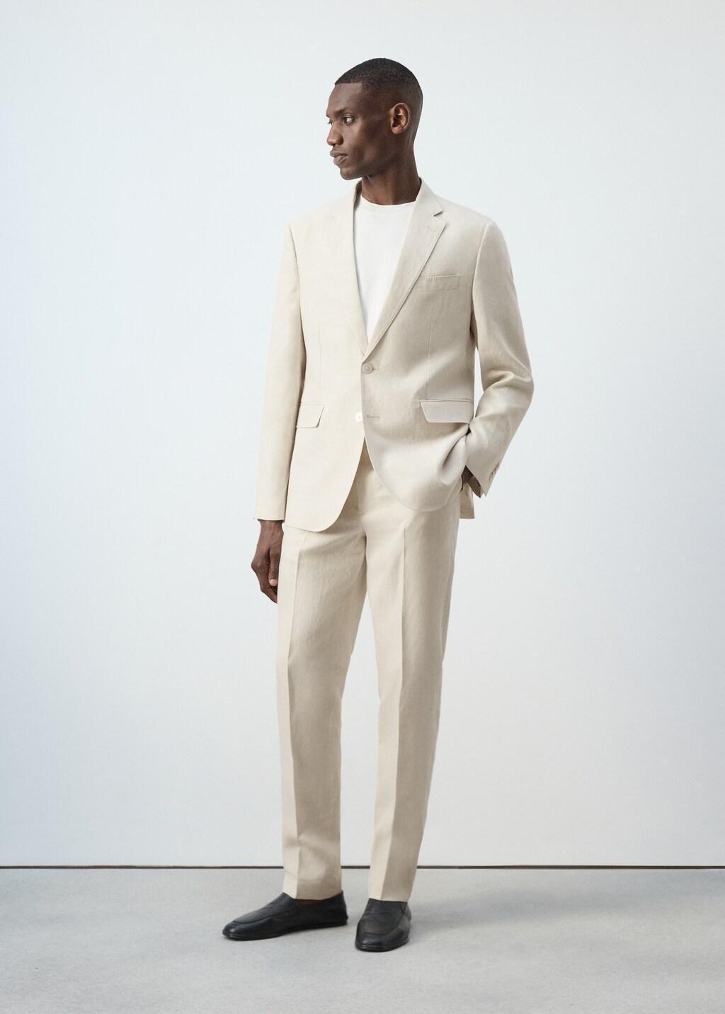 Beige Linen Slim-Fit Suit Jacket, Light Beige, large image number 0