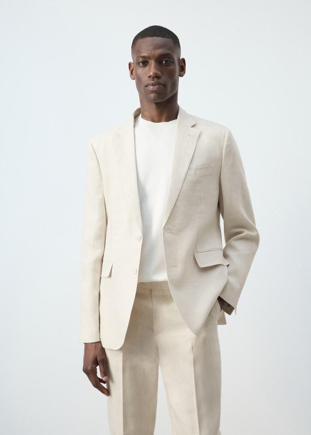 Beige Linen Slim-Fit Suit Jacket, Light Beige, large image number 3