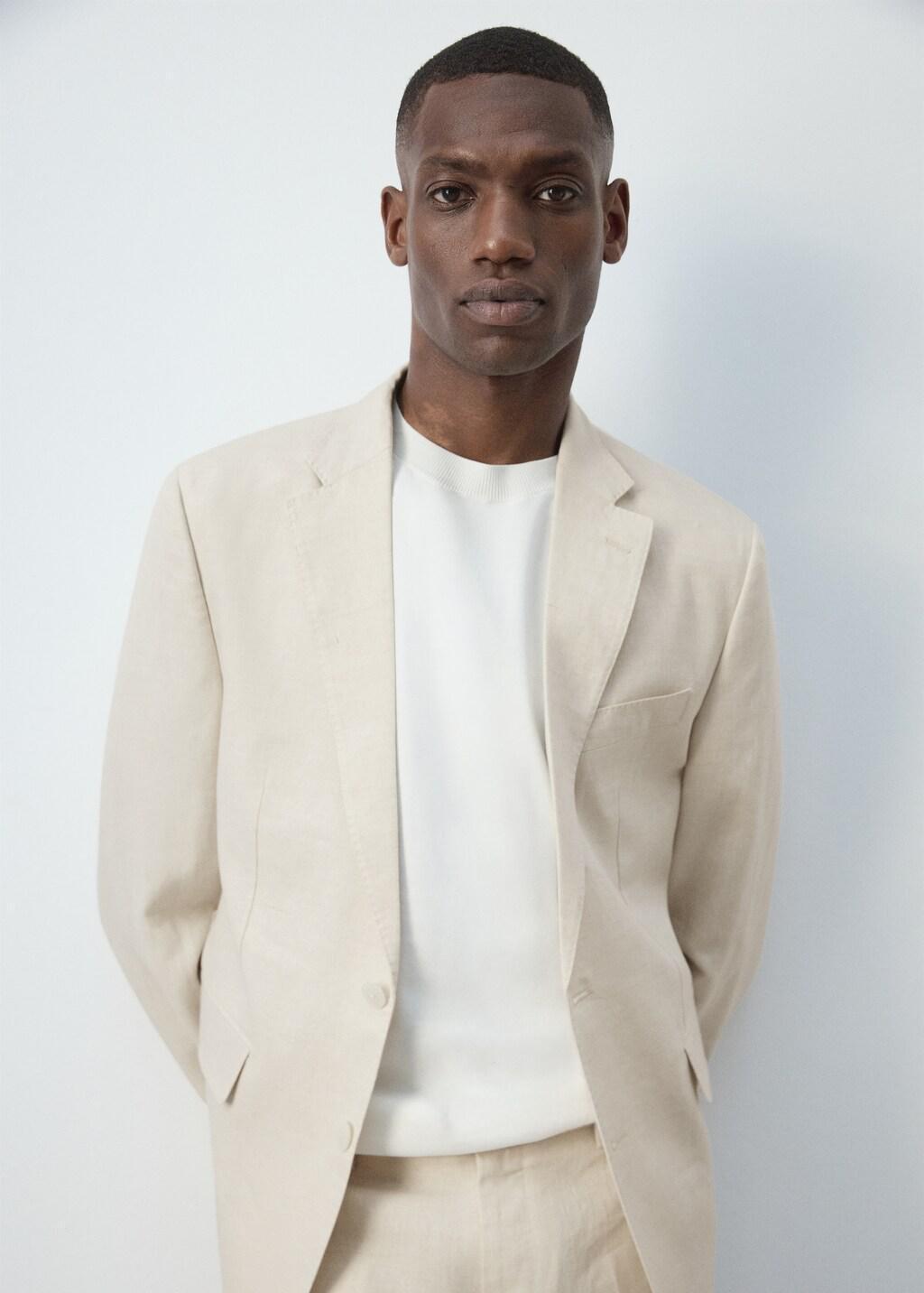 Beige Linen Slim-Fit Suit Jacket, Light Beige, large image number 4