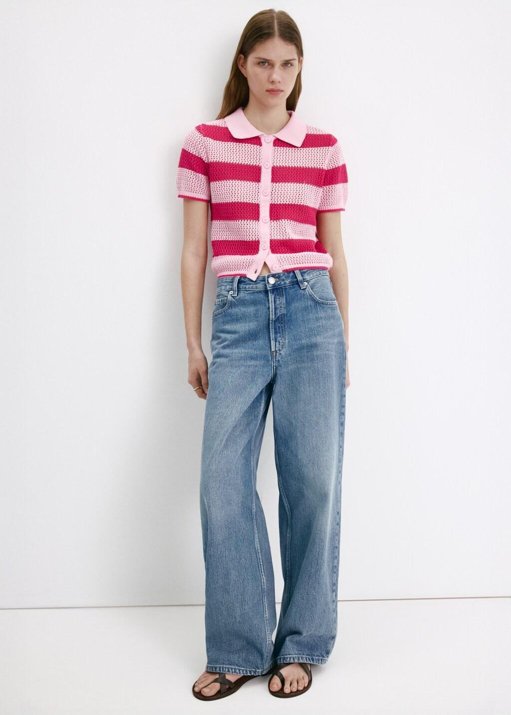 Pink Striped Openwork Knitted Cardigan, Pink, large image number 0