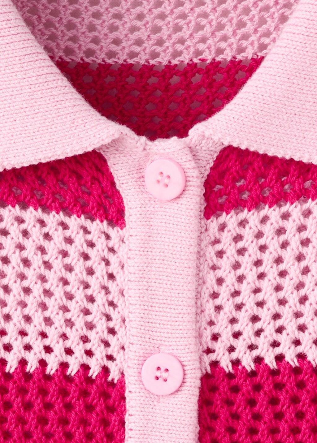 Pink Striped Openwork Knitted Cardigan, Pink, large image number 1