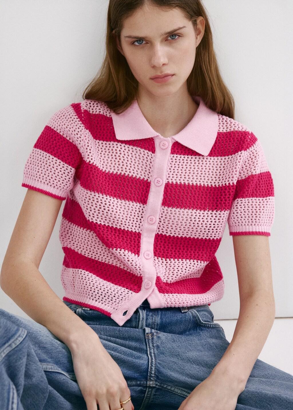 Pink Striped Openwork Knitted Cardigan, Pink, large image number 3
