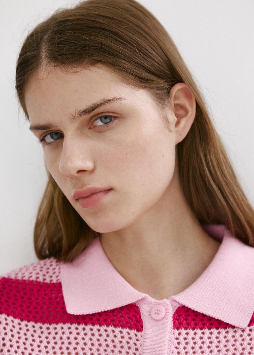 Pink Striped Openwork Knitted Cardigan, Pink, large image number 4