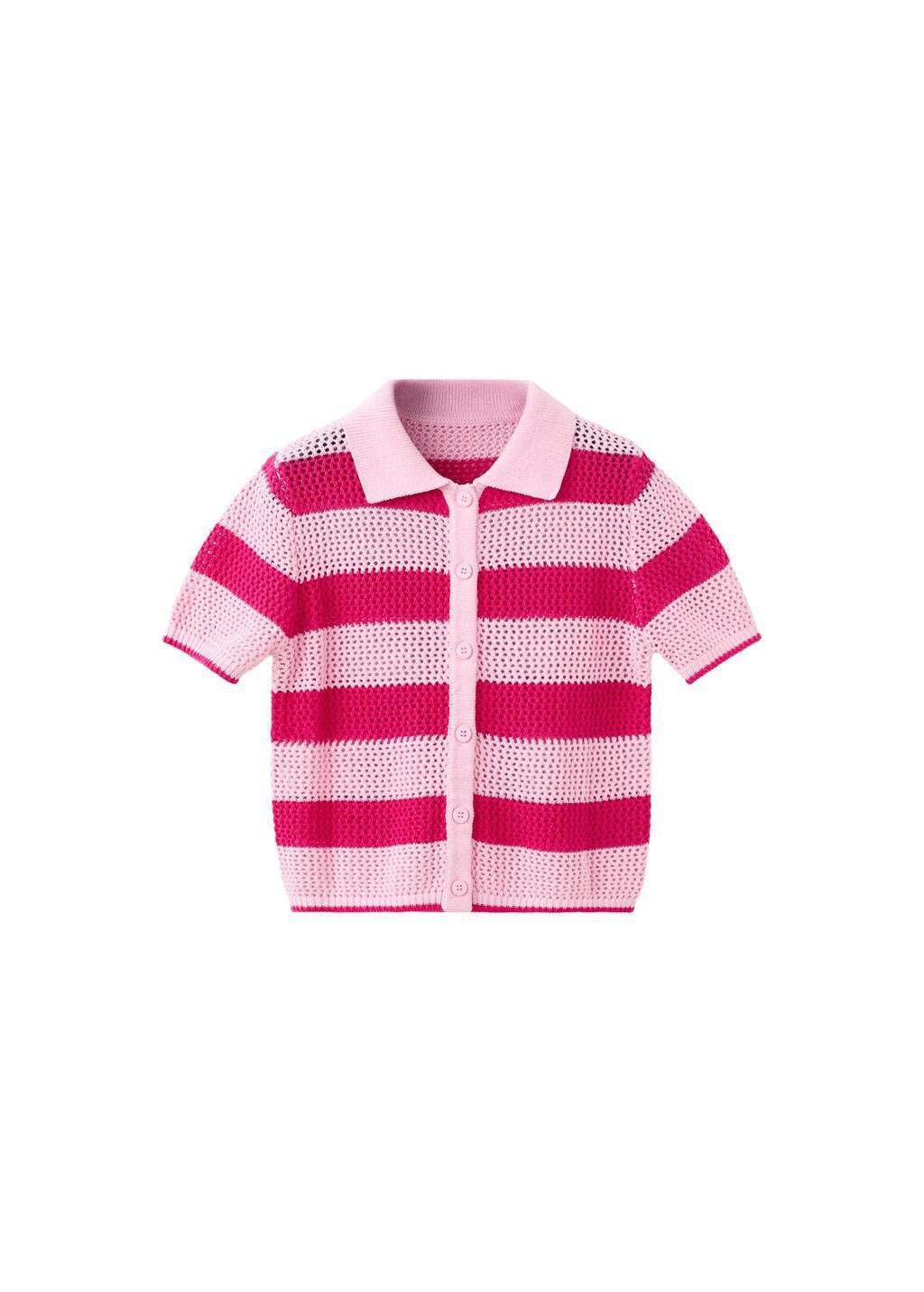 Pink Striped Openwork Knitted Cardigan, Pink, large image number 6
