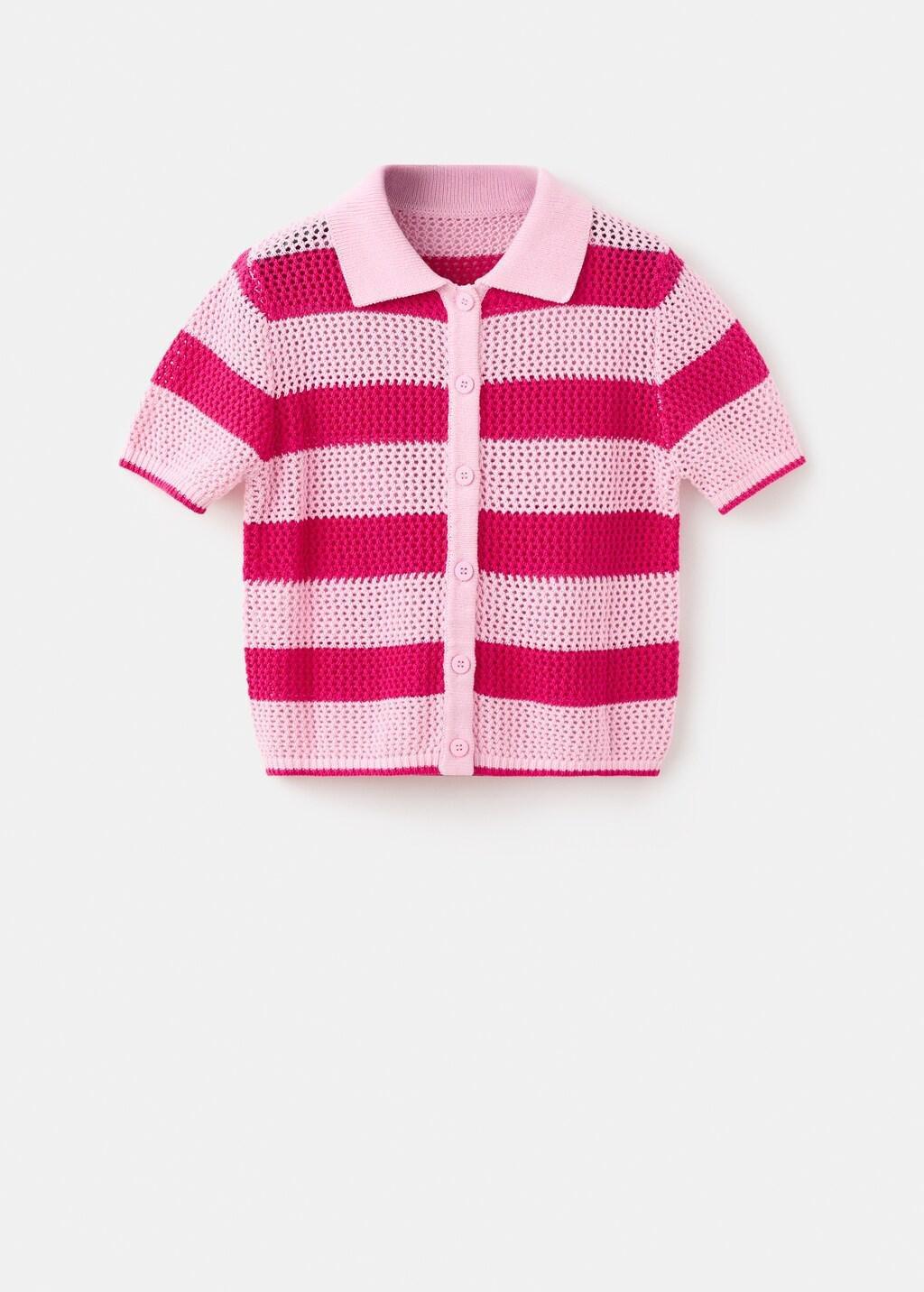 Pink Striped Openwork Knitted Cardigan, Pink, large image number 7