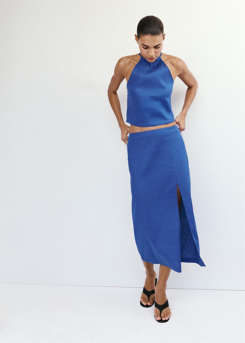 Blue Linen Cotton Halter Top, Medium Blue, large image number 0