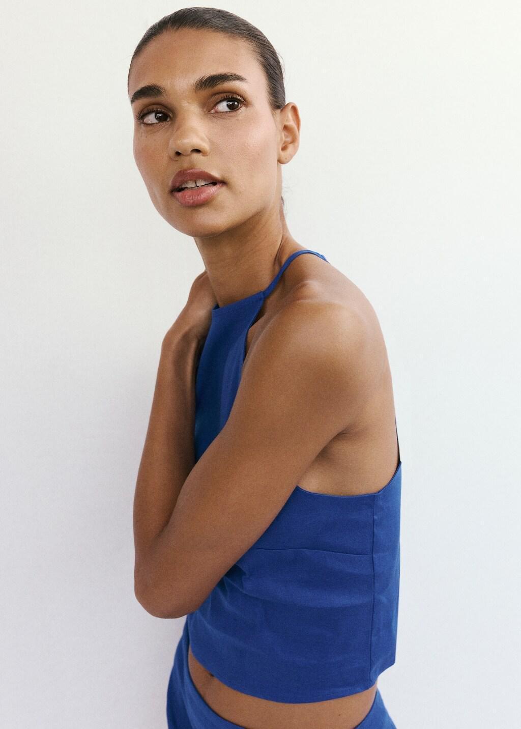 Blue Linen Cotton Halter Top, Medium Blue, large image number 4