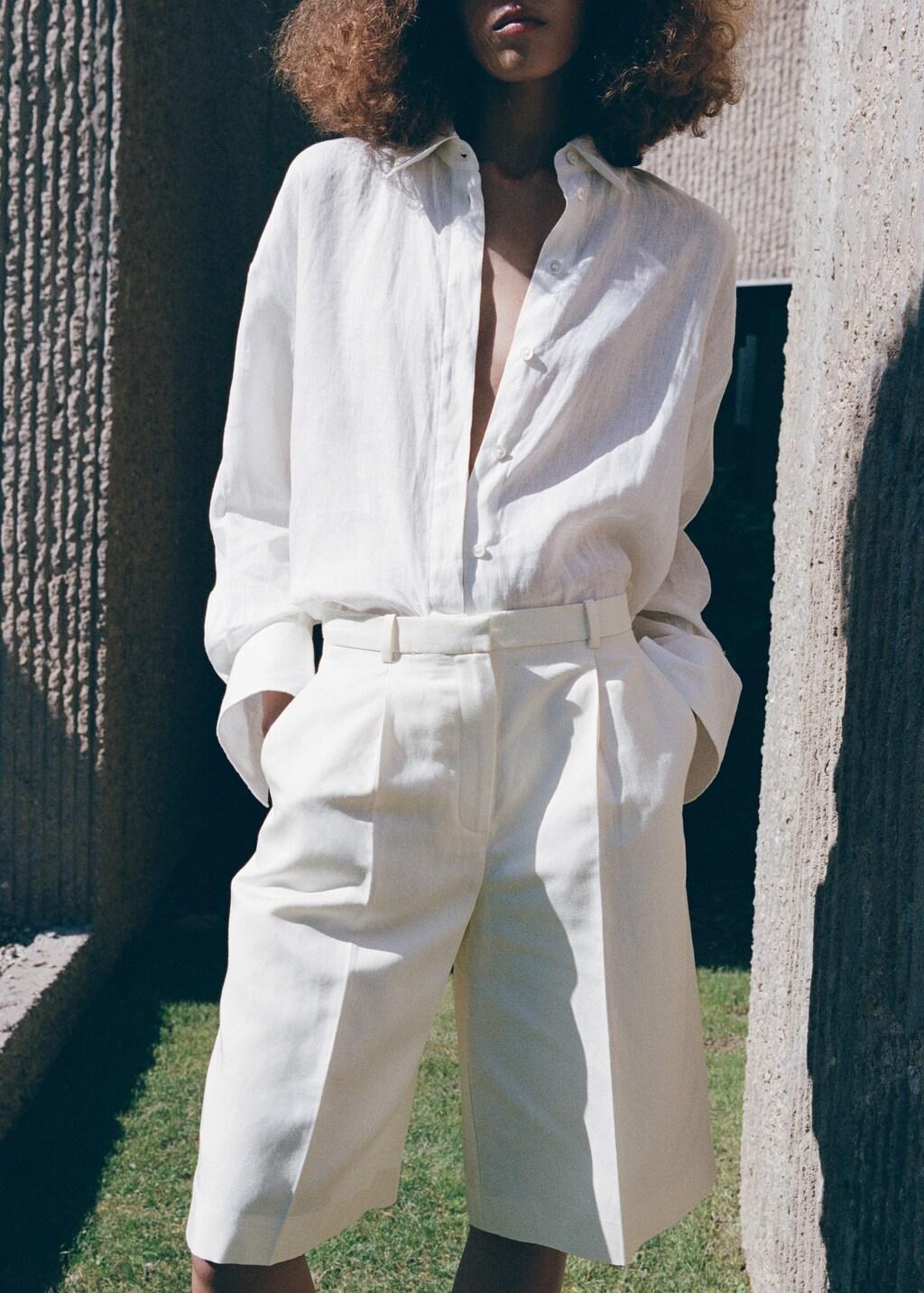 White Straight Linen Bermuda Shorts, Natural White, large image number 3