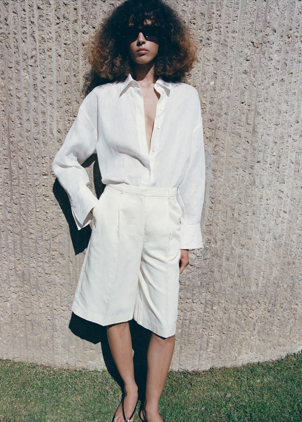 White Straight Linen Bermuda Shorts, Natural White, large image number 4