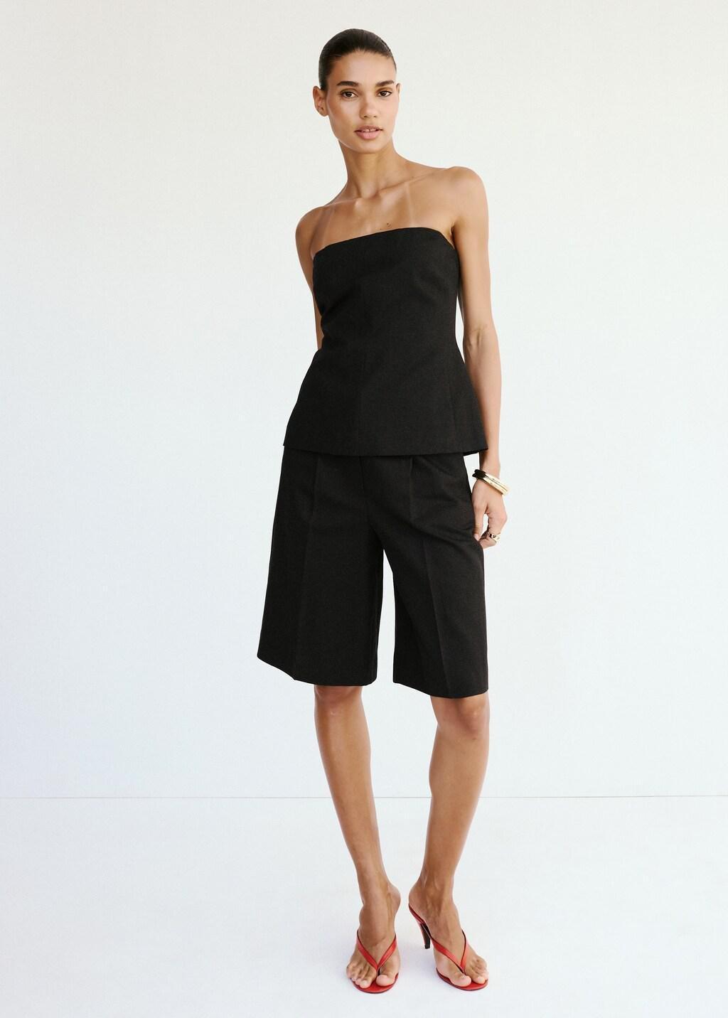 Black Straight Linen Bermuda Shorts, Black, large image number 0