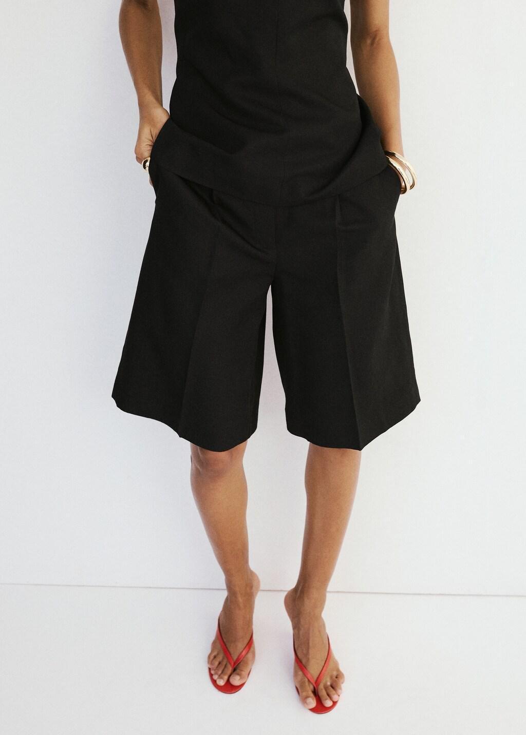 Black Straight Linen Bermuda Shorts, Black, large image number 3