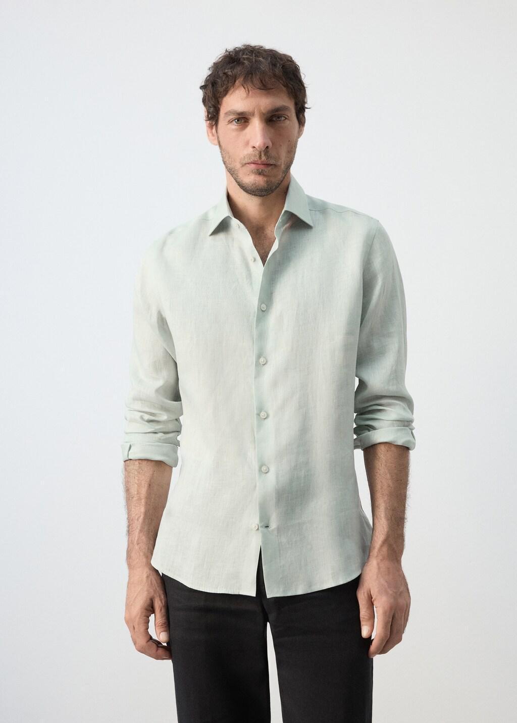 Turquoise 100% Linen Slim-Fit Shirt, Turquoise - Aqua, large image number 3