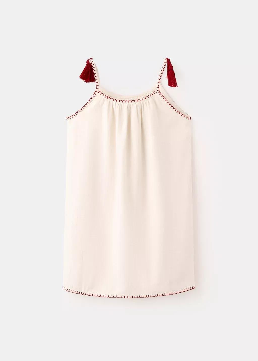 Beige Dress With Embroidered Details And Tassels, Kids Girls, Light Beige, large image number 1