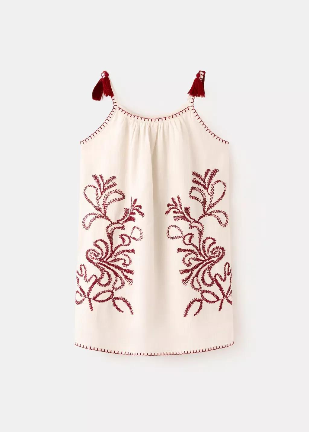 Beige Dress With Embroidered Details And Tassels, Kids Girls, Light Beige, large image number 5