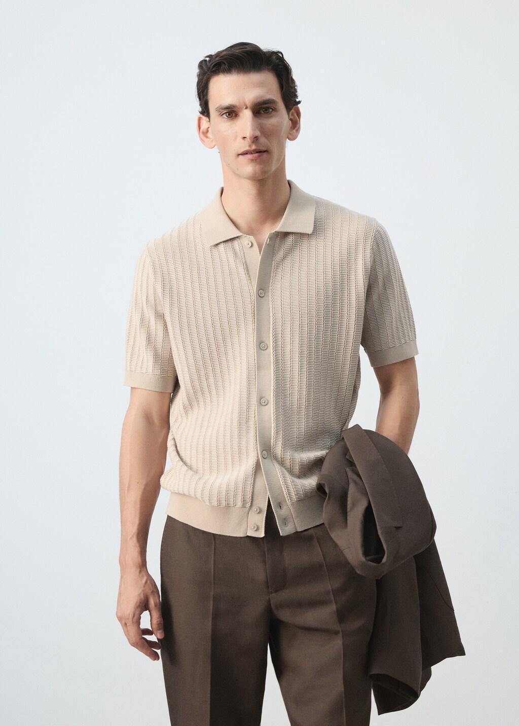 Brown Lt Pastel Structured Knit Polo Shirt 100% Cotton, Light Pastel Brown, large image number 3