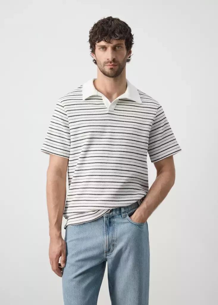 White Textured Striped Cotton Blend Polo, Natural White, large image number 1