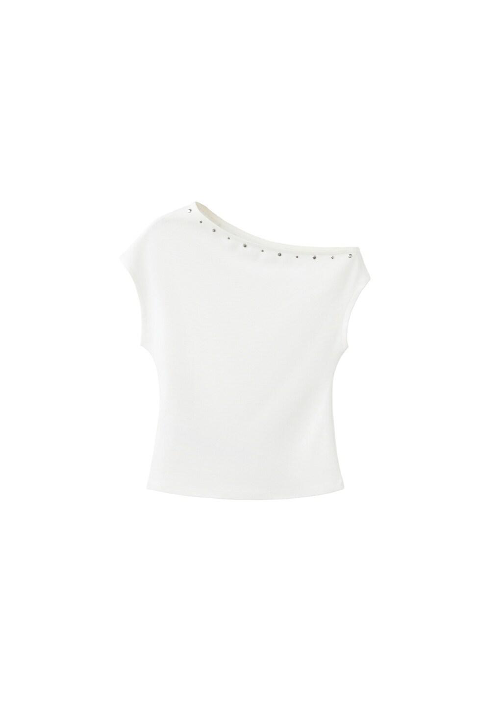 White Asymmetric Studded T-Shirt, Natural White, large image number 0