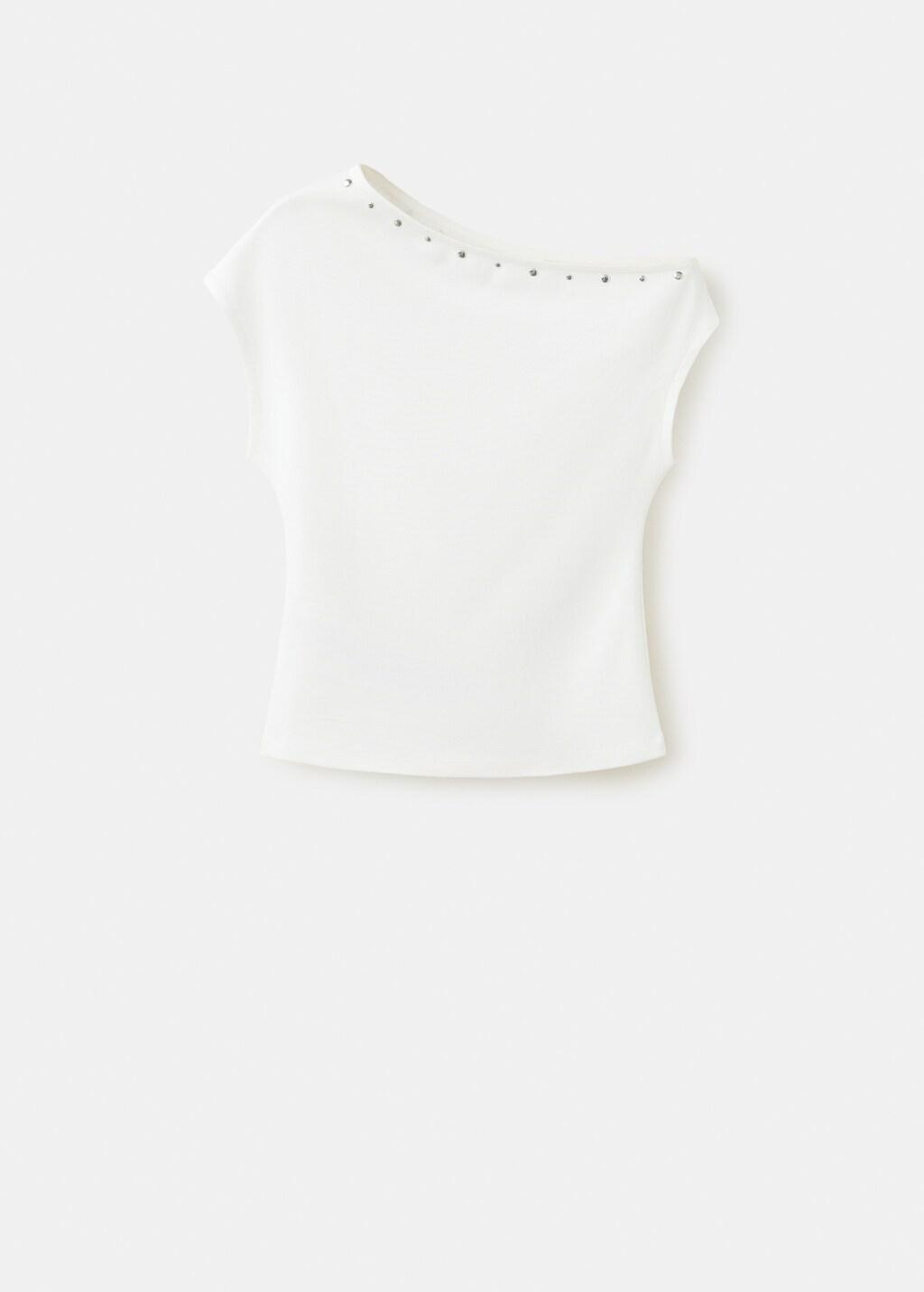 White Asymmetric Studded T-Shirt, Natural White, large image number 3