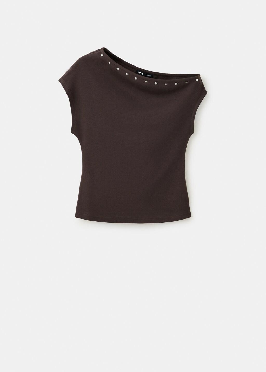 Brown Asymmetric Studded T-Shirt, Brown, large image number 0