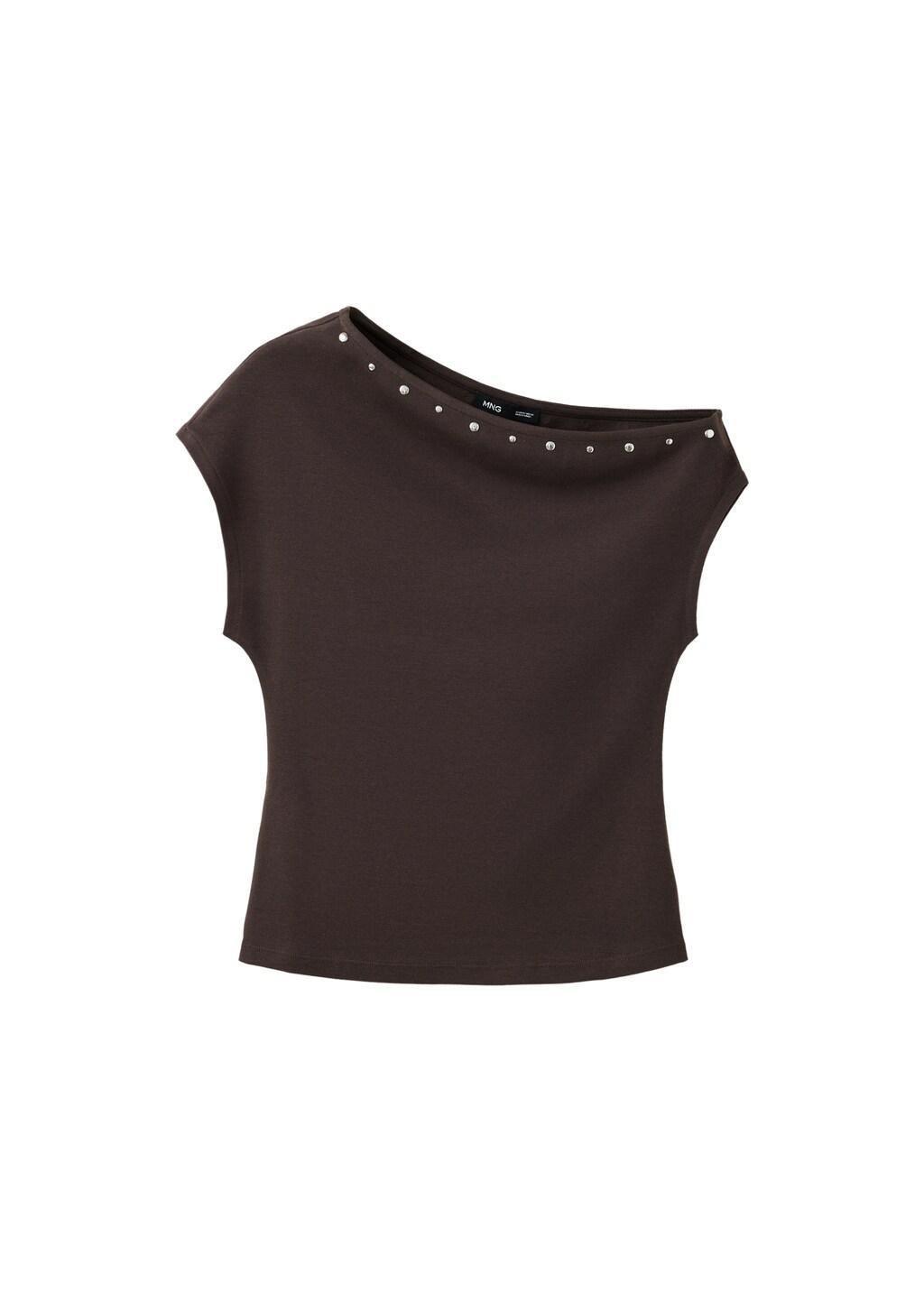 Brown Asymmetric Studded T-Shirt, Brown, large image number 3
