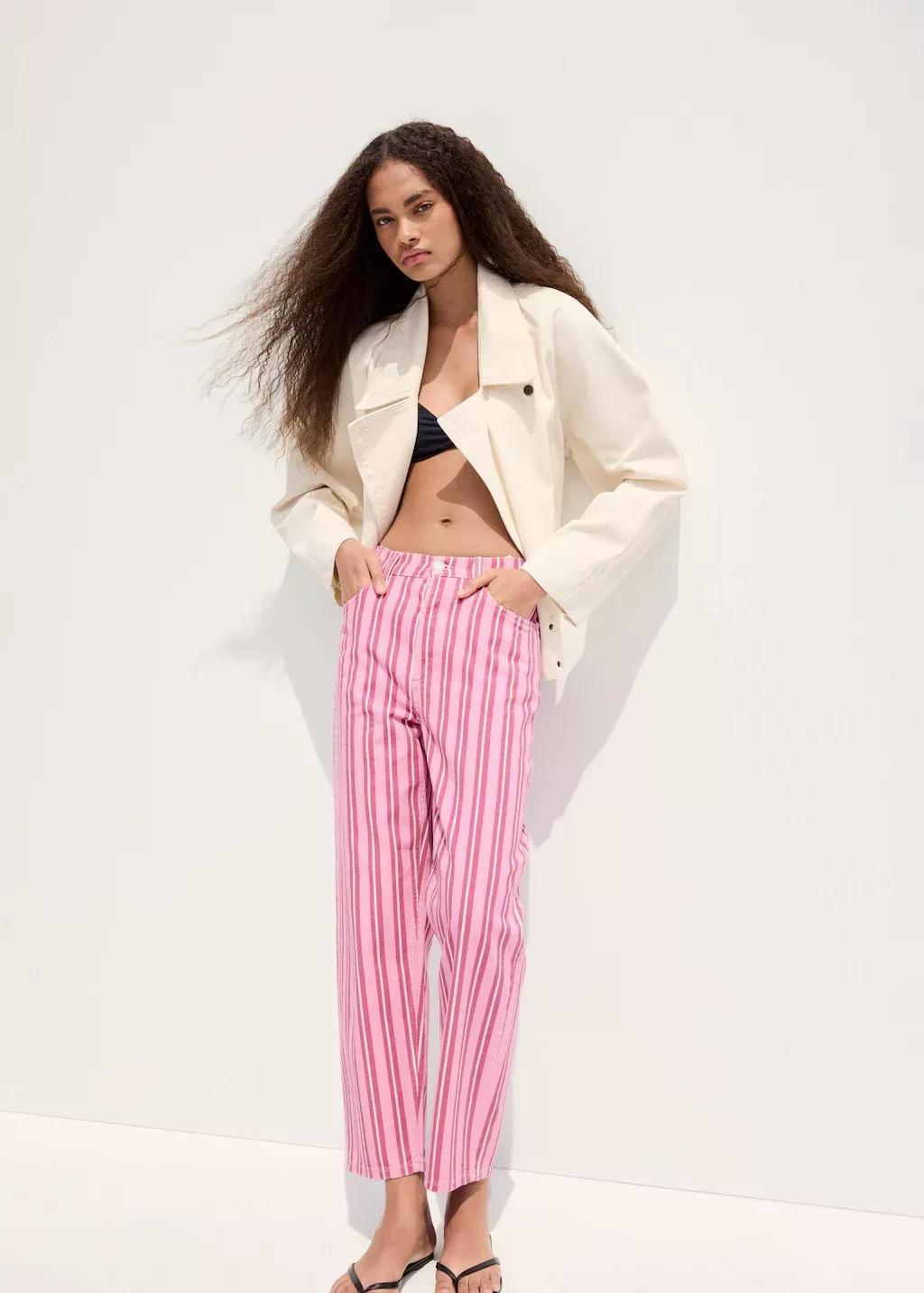 Pink Straight-Fit Striped Jeans, Pink, large image number 0