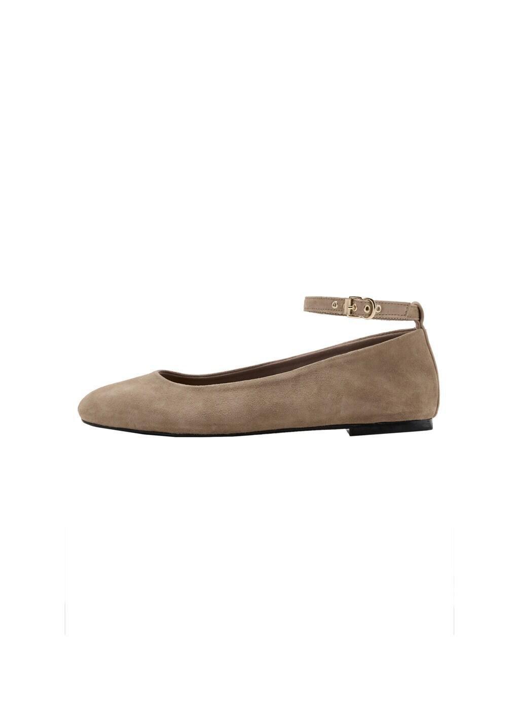 Brown Leather Ankle Strap Ballet Flats, Light Pastel Brown, medium