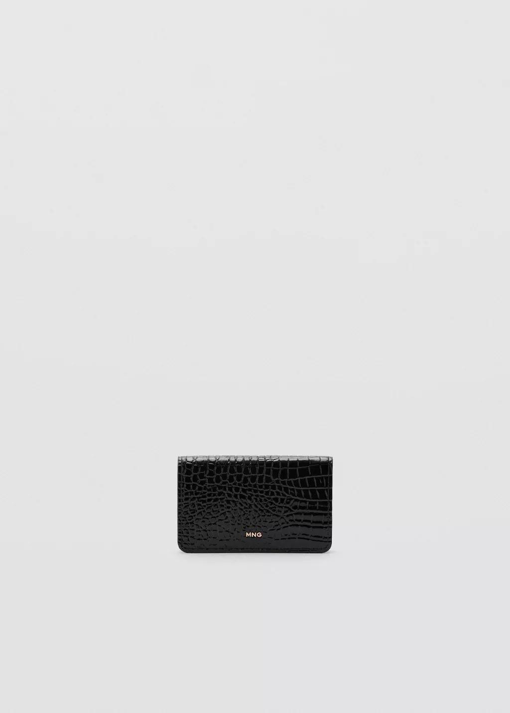Black Small Shiny Croc-Effect Wallet, Black, medium