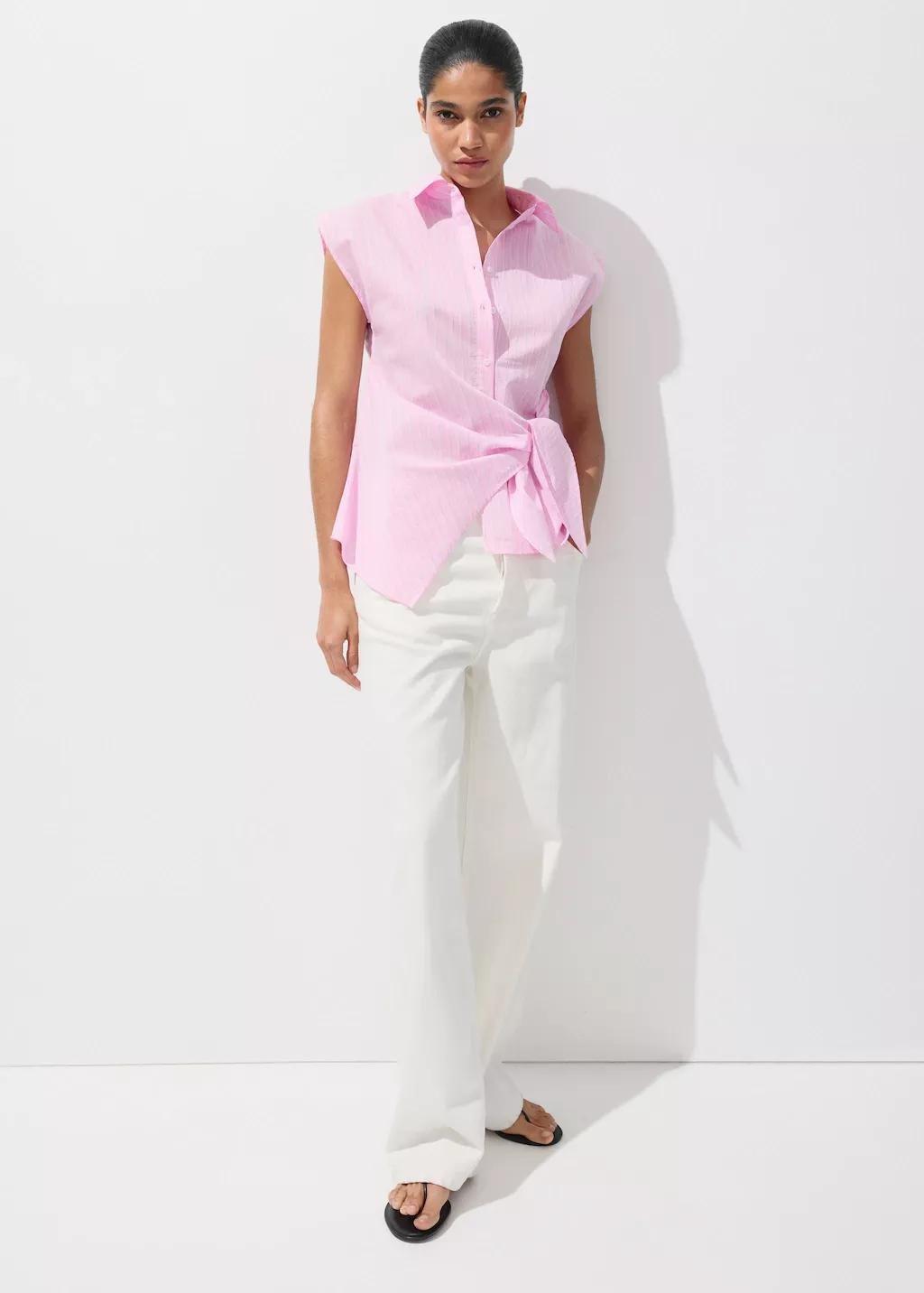 Pink Striped Cotton Shirt With Tie Detail, Pink, large image number 0