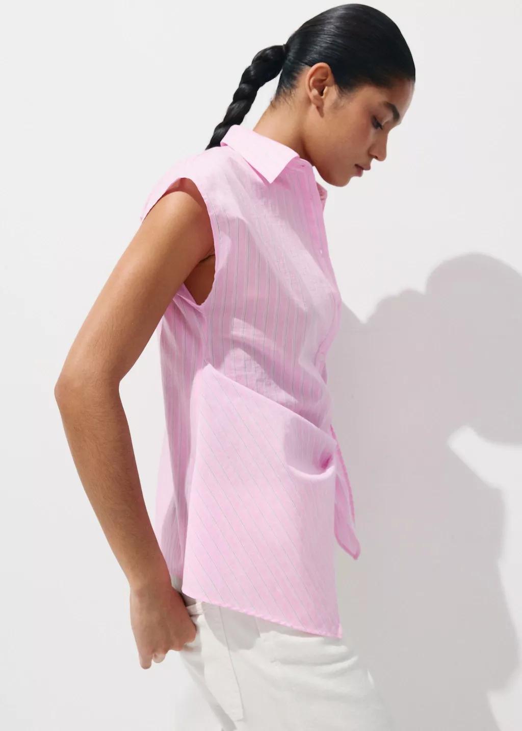 Pink Striped Cotton Shirt With Tie Detail, Pink, large image number 3